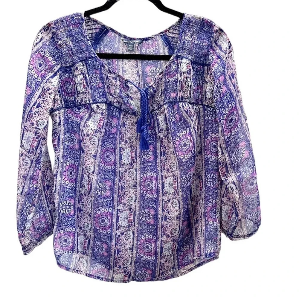 American Eagle Outfitters Women's 3/4 Sleeve Purple Paisley Design Top Sz XS GUC
